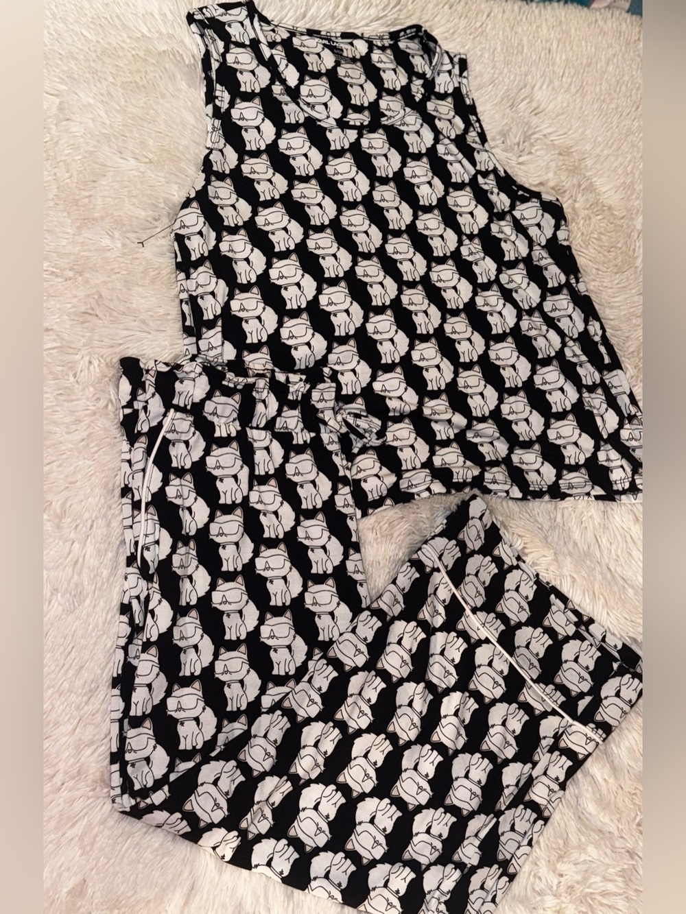 Karl Lagerfeld Black & White Cat Print Pajama Set